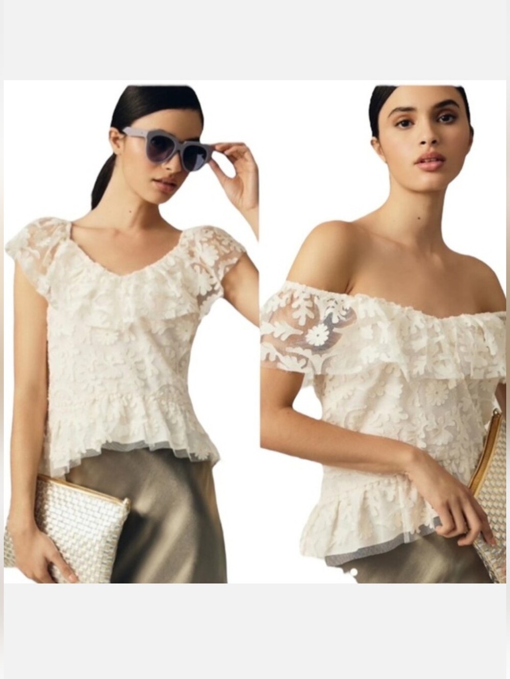 Anthropologie Textured Floral Mesh Lace Embroidered Ruffle Top Cream Size L